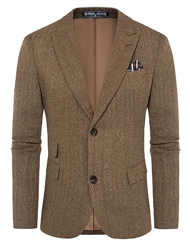 Men's Herringbone Tweed Blazer 2 Button Wool Blend Sport Coat Jacket Coffee Herringbone XL