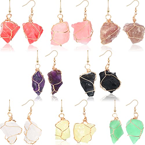 8 Pairs Handmade Crystal Drop Earrings for Women Natural Raw Amethyst Dangling Earrings Healing Crystals Earrings Sets (Novel Style)