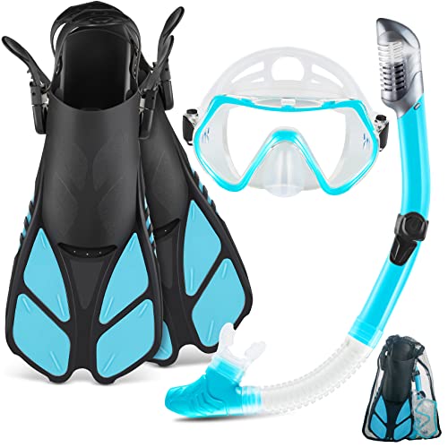 ZEEPORTE Mask Fin Snorkel Set with Adult Snorkeling Gear, Panoramic View Diving Mask, Trek Fin, Dry Top Snorkel +Travel Bags, Snorkel for Lap Swimming