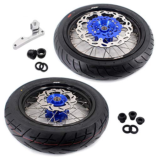 KKE 3.5/4.25 * 17" Supermoto Wheels Rims Tires Set Compatible with SUZUKI DR650SE 1996-2024 Blue Hub