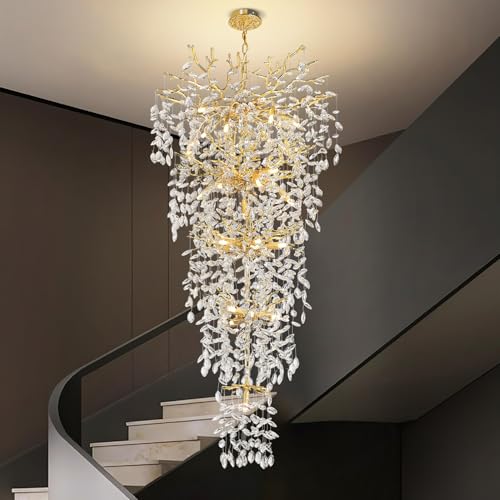 Upgraded 118'' Long Crystal Chandelier for High Ceiling, 28-Light Modern Gold Tree Branch Chandelier, Large Chandeliers for Staircase Foyer Entryway Living Room, 5-Tier Luxury Raindrop Light Fixture