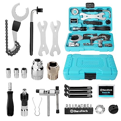 DURATECH 31 Pieces Bicycle Tool Kit, Complete Bike Repair Kit with Storage Box, Mountain Bike Repair Tools, for Mountain, Road, and Park Bicycle with Chain Riveter, Tire Levers, Crank Puller