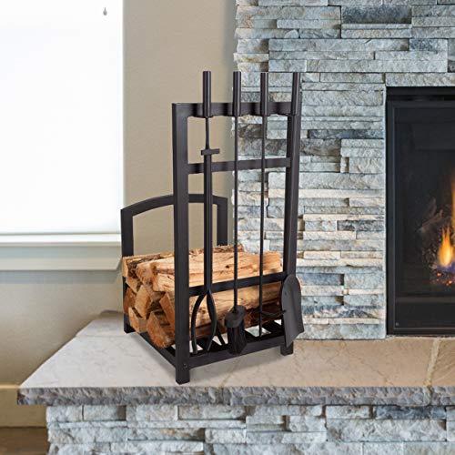 Lavish Home 5-Piece Fireplace Tool Set and Log Rack - Mission-Style Firewood Holder with Shovel, Broom, Tongs, and Poker for Hearth (Matte Black)