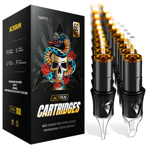 Ackbun 50 Assorted Tattoo Cartridge Needles Mixed Size #12 Standard Round Liner Shader Magnum - 5Pcs each of 3RL, 5RL, 7RL, 9RL, 11RL, 5RS, 7RS, 9RS, 9RM, 9M1 Pro Disposable Tattoo Needles