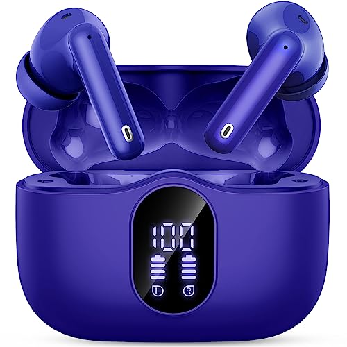 Wireless Earbuds, Bluetooth 5.4 Headphones Bass Stereo, Ear Buds with Noise Cancelling Mic LED Display, IP7 Waterproof in Ear Earphones, 36H Playtime for Laptop Pad Phones Sports Workout, Dark Blue