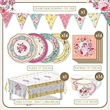 Floral Afternoon Tea Party Decorations for 16 Guests Disposable Tableware Set Pretty Paper Plates Napkins, Teacups, Bunting Tablecloth for Birthday, Mother's Day, Baby Shower, Made by Talking Tables