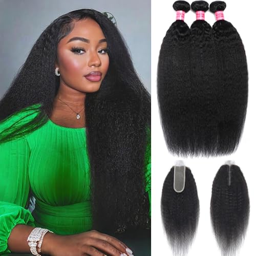 Kinky Straight Bundles with Closure (26 28 30+20) 100% Unprocessed Yaki Straight 3 Bundles with 2x6 Lace Closure Sew in Natural Color for Black Women
