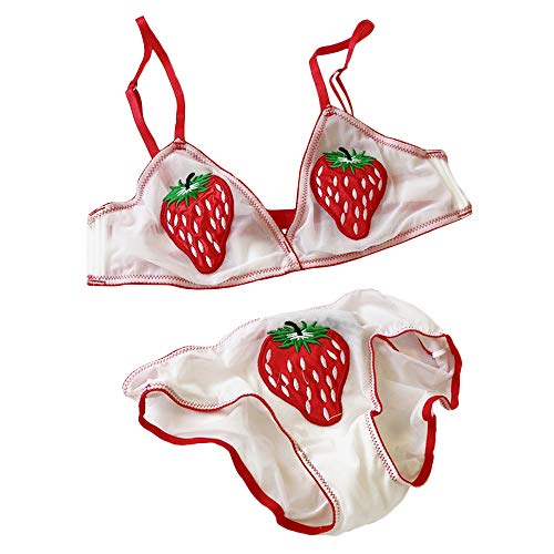 YOMORIO Womens Sheer Bra and Panty Set Strawberry Embroidery Lingerie Schoolgirl Bra (L)