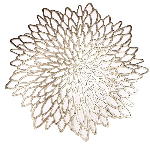 Snowkingdom Set of 12 Gold Metallic Placemats Laminated Vinyl Round Leaf Dinning Table Place Mats Bulk Decorative Thanksgiving Christmas Party Wedding Holiday Festival