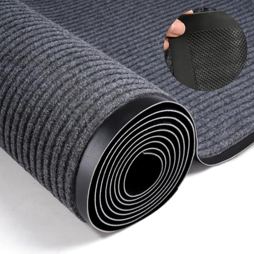 GOOFCXO 3 x 10 FT Commercial Runner Rug, Floor Mat Area Rugs with Non-Slip PVC Backing Indoor Outdoor Hallway Carpet Runner for Kitchen Balconies Living Room Dining Room Decks Patio - Gray