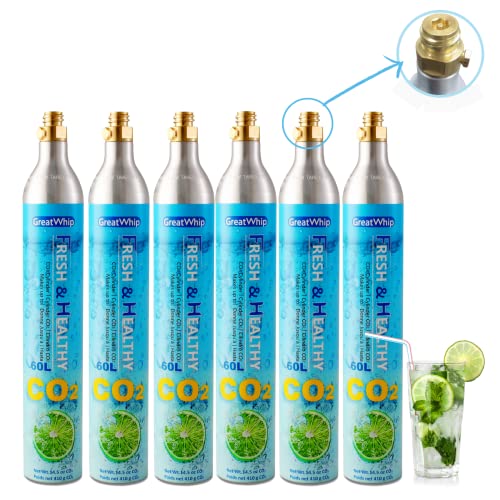 GreatWhip 60L CO2 Cylinder For Sodastream, Exchange Carbonator, Compatible w/All Threaded 'Screw-In' Soda Makers, Threaded Cylinders, NOT for quick-connect models, Set of 6