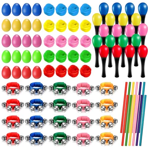 Gemscream 100 Pcs Shaker Musical Instruments for Kids, 20 Egg Shaker 20 Wrist Hand Band Jingle Bells 20 Maracas Rattle Shaker Sand Hammers 20 Rhythm Sticks and 20 Dance Scarves for Music Learning