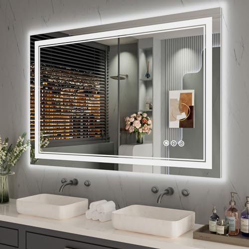 ISTRIPMF 40 x 32 Inch LED Bathroom Mirror, Front Light and Backlit Anti-Fog Dimmable Memory Lighted Vanity Mirror, Shatterproof Wall-Mounted Led Mirror for Bathroom