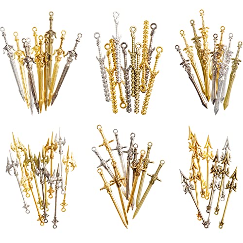 Wowagoga 60 Pieces Swords Charms for Jewelry Making Swords Bookmark Mini Swords Pendants Antique Swords Keychain for DIY Necklace Bracelace (Bronze, Sliver, Gold)