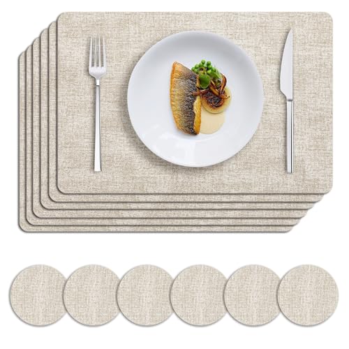 MOSAYT Faux Leather Placemats Set of 6, Heat Resistant Wipeable Washable Vinyl Place Mats with Coasters, Waterproof Oil Proof Table Mats for Kitchen Dining Party Indoor Outdoor, 12" x 18", Beige