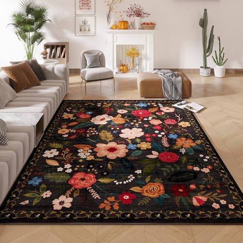 Rugcomf Living Room Rug 5x7 Rug Machine Washable Boho Area Rug Non Slip Floral Vintage Low Pile Large Rugs for Living Room, Bedroom, Farmhouse, Dining Room, Kids Playroom(Black)