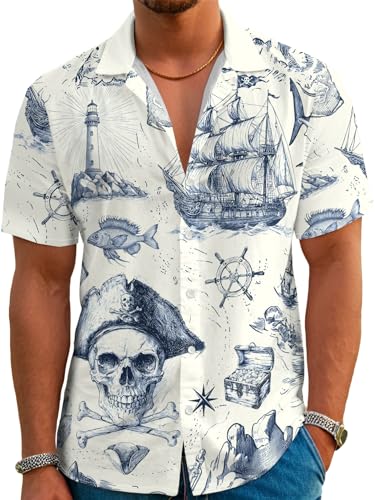 DFZ Men's Pirate Button Down Shirt Nautical Cruise Hawaiian Short Sleeve Shirt Pirate Night Outfits for Tropical Beach Party Blue