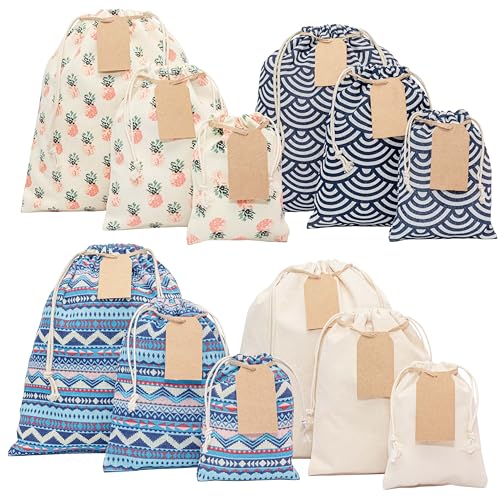ERIBAGZ 12 pcs x Reusable gift bags + 15 Gift tags & string. Multipurpose Drawstring gift bags. Colorful - Durable Cloth gift bags. Birthday gift bags. 2nd Ed.