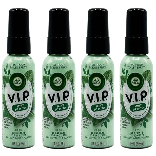 Air Wick V.I.P. Pre-Poop Toilet Spray, Mint Jet Setter, Poo Spray Travel Size, Neutralizes Odors, Poop Spray for Toilet, Contains Essential Oils, Fresh Mint Scent Bathroom Spray, 1.85 Oz (Pack of 4)