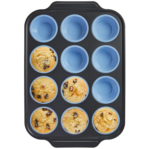 BRONYPRO Silicone Muffin Pans for Baking with Metal Frame, Egg Bite Molds, Cupcake Pans 12 Regular Size, Muffin Tins Easy to Pop Nonstick Non Toxic Bakeware for Oven,Blue