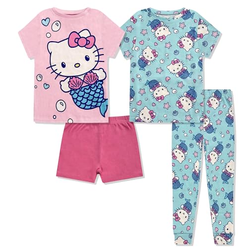 Hello Kitty Girls 4 Piece Pajama Set - Short Sleeve Shirt, Shorts & Pants - 100% Cotton Kids Sleepwear - Official License Pink Blue