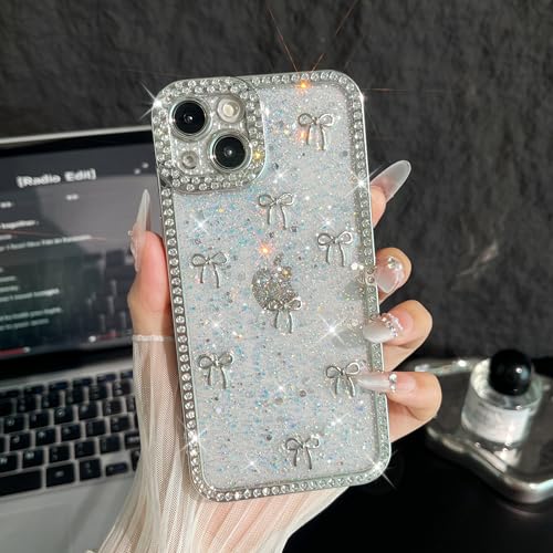FABSPARK Case for iPhone 16,3D Silvery Ribbon Bow,Crystal Clear Glitter Diamond Rhinestone Sequin Shiny Sparkly Bling,Aesthetic Transparent Soft for iPhone 16 Case - Silver/Silver Bow