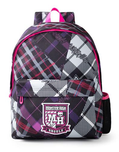 Monster High Ghouls Tartan Patchwork Backpack in Black, Pink, Grey & Purple | Girls & Women's Classic Plaid School Bag