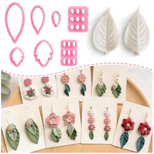 Keoker Leaf Clay Cutters Set, 7 Shapes Polymer Clay Leaf Cutters with Polymer Clay Press Mold, Polymer Clay Earring Molds, Spring Polymer Clay Earring Cutters, Polymer Clay Earring Tools