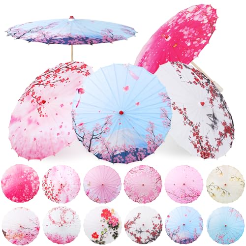 HOOMUU 12pcs Parasol Umbrellas 32in Handmade Chinese Oiled Paper Umbrellas Outdoor Photography Props Bamboo Silk Japanese Parasol Flower Art Dance Umbrella