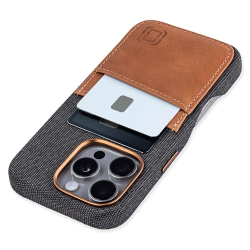 Dockem Fabric Card Case for iPhone 16 Pro with Built-in Metal Plate for Magnetic Mounting, Stitched-on Genuine Leather Wallet with 2 Card Slots: M2F [Grey and Light Brown]