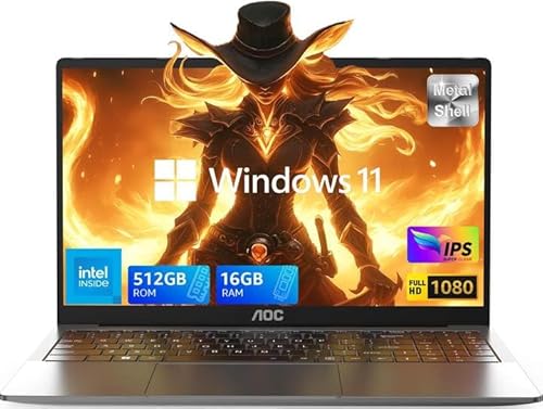 AOC AX15 15.6-inch Portable Laptop Computer with Intel Alder Lake-N N97 Processor, Windows 11, 16GB RAM, 512GB SSD - Office Laptop for Students and Business Professionals