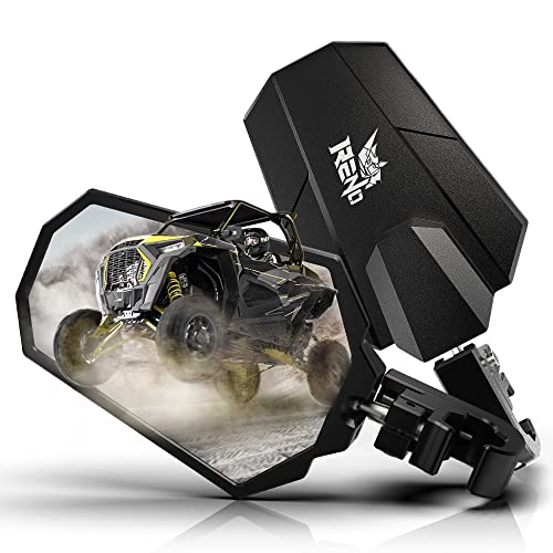 RENO UTV Side Mirrors, Fits 1.25"-2" Roll Bar Cage CNC Aluminum Rear View Mirror Heavy-Duty Adjustable Bracket Compatible with Off-Road UTV RZR Ranger XP SXS MTV ATV Maverick (2 Pack)