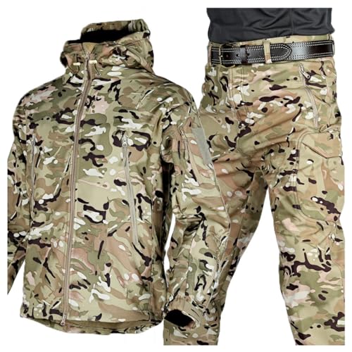 Men's Tactical Suit Fleece Thermal Softshell Hunting Jacket Pants Men Outdoor Waterproof Mountaineering 2 Piece Sets,Camo1,L