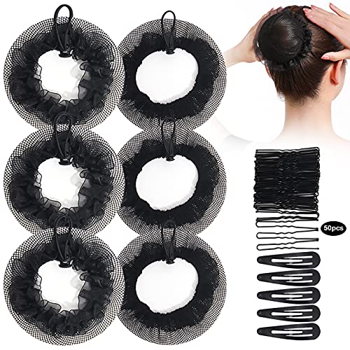 KESAPLAN 6PCS Bun Hair Nets Set Reusable Elastic Mesh Bun Cover for Ballerina Dancer Bank Clerk Nurse Hair Fixing Black Stretch Lace Hair Accessories Headwear for Women Girls Mixed Style (Medium)