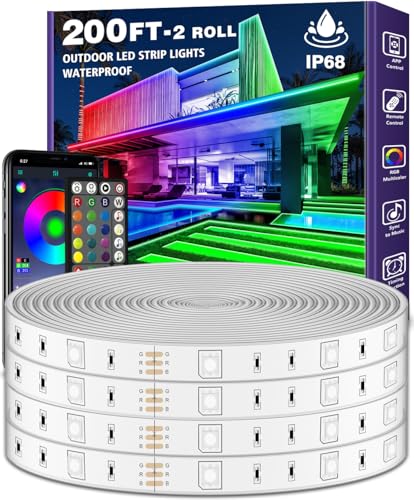 AILBTON 200ft Outdoor LED Strip Lights Waterproof,IP68 Outside Led Light Strips Waterproof with Bluetooth App Remote Control,Music Sync RGB Exterior Led Rope Lights,for Balcony,Deck,Roof,Garden,Pool