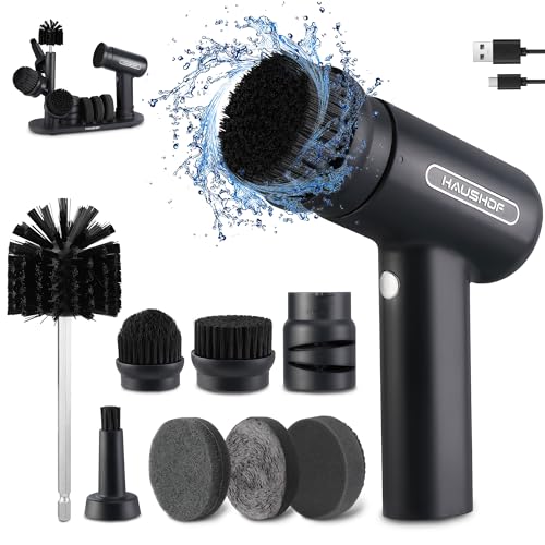 HAUSHOF Electric Spin Scrubber, Cordless Cleaning Brush with 8 Replaceable Heads and 3 Speeds for Cleaning Kitchen, Bathroom, Knife Sharpener Included