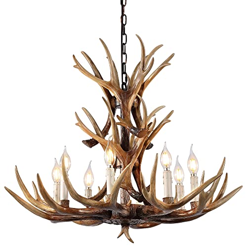 OLHAPZP Antler Chandelier 8 Light, Large Deer Antlers Chandelier High 24inch Dual Layer for Rustic Farmhouse Lighting Home Decor