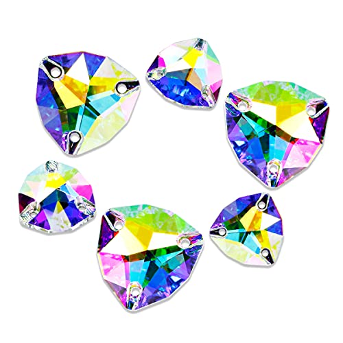 DONGZHOU Triangle Crystal Ab Sew On Rhinestones, Flat Back Rhinestone Sewing Beads with Holes for Clothes Dress Crafts Shoes DIY Decorations Mixed Size