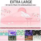 Cherry Blossom Mouse Pad Kawaii Pink Floral Desk Mat, Japanese Pastel Sakura Large Anime Gaming Mousepad XXL, Cute Aesthetic Mount Fuji Japan Keyboard Mats for Women Office Desk Pads 31.5"x15.75"