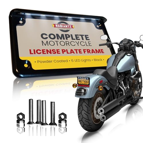 Radiantz Motorcycle License Plate Frame with 6 White LED Lights, Slim Design Aluminum Metal Plate Holder, Universal Fit Powder Coated Weather Resistant Tag Frame for Motorcycles Front or Rear – Black