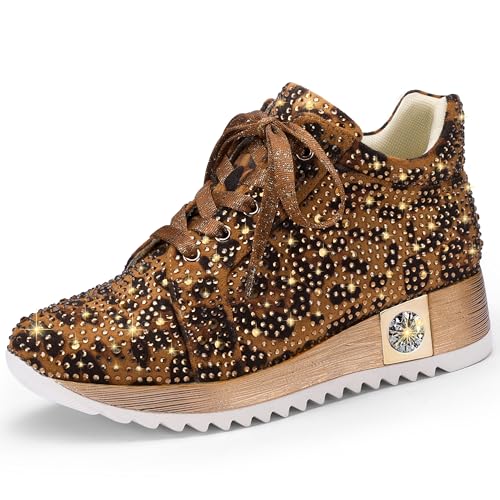 FINDVELL Women's Fashion Glitter Sneakers Platform Wedge Shoes Sparkly Rhinestone High Top Sneakers Trendy Sequin Shoes Wedding Bride Dress Size 9.5 Leopard