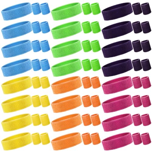 72 Pcs 80s Neon Headbands Sweatband Set, Include 24 Sports Headbands and 48 Sweat Wristbands Bulk for Woman Man(Classic)