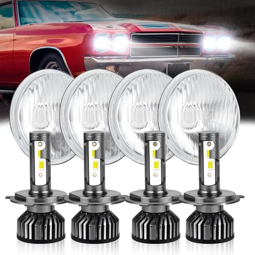 HMCYCI 5-3/4 Stock OEM Retro Style Glass Metal Headlight LED H4/9003 Light Bulb Headlamp Set H5001 H5006 Compatible with Peterbilt 349 359 Compatible with Chevy Impala 59-76 Compatible with Dodge