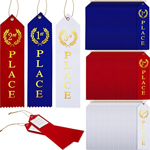 150 Pieces Award Ribbons 1st, 2nd, 3rd Place Flat Carded Set First Place Prizes with Event Card and Rope for Competition, Sports Event, School, Contests, Blue Red White