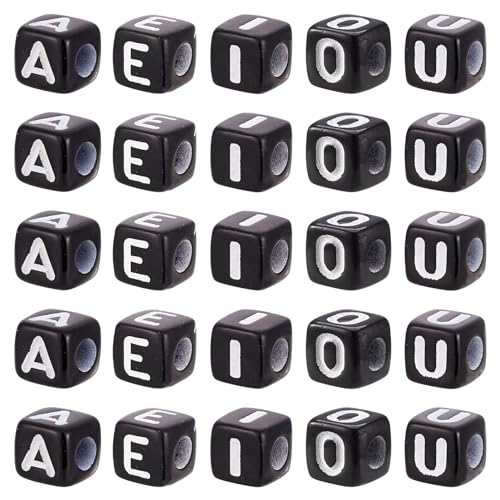 Spritewelry 500pcs Black Vowel Letter Beads Cube Alphabet Acrylic Beads A E I O U Square Beads for Friendship Bracelets Gifts Souvenir Keychains Jewelry Making 5×5×5mm
