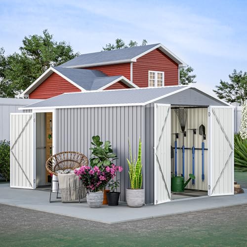 8x12 FT Outdoor Storage Shed with Lockable Double Doors & Adjustable Side Door, Aluminum Frame, Weatherproof with Frame Floor, Metal Tool Shed for Garden, Backyard, Patio, and Equipment Storage