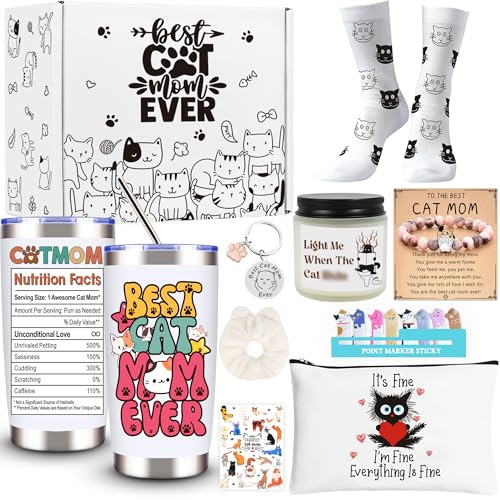 SIXVALA Cat Lover Gifts for Women, Best Cat Mom Gift Box With 20 Oz Tumbler, Makeup Bag, Scented Candle, Bracelets, Keychain, Cat Themed Gifts for Friend, Daughter, Mother, Sister, Wife