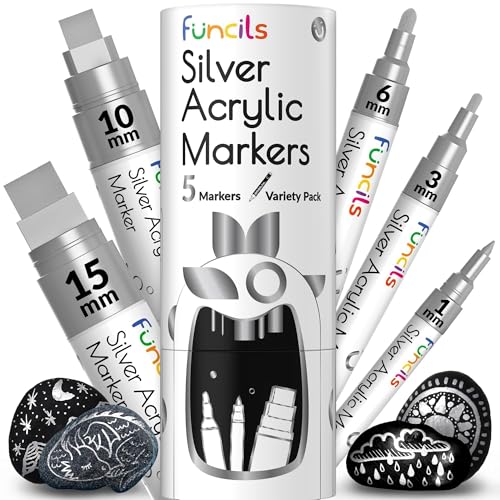 Funcils 5 Acrylic Silver Paint Pen - Silver Marker Metallic Paint Pens for Fabric, Wood, Canvas, Leaf, Metal, Glass, Plastic - Permanent Pen Fine Tip, Thin Point & Jumbo (1mm, 3mm, 6mm, 10mm, 15mm)