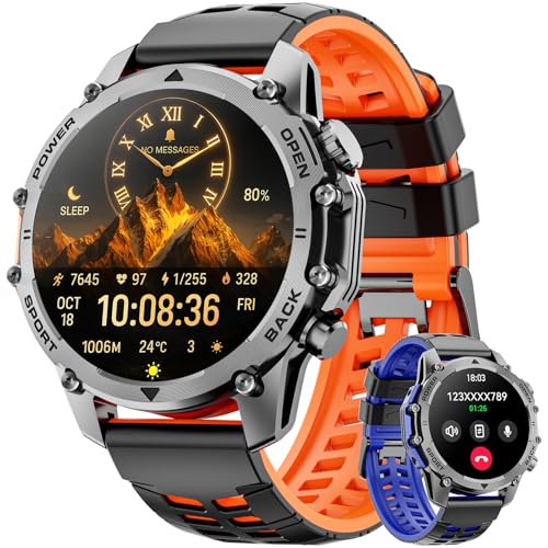 Smart Watch (Call/Notification),1.52'' Military Smart Watches for Men, Two Style Kits,Flashlight,100+Sport Modes/Heart Rate/Sleep Monitor/Pedometer, Fitness Tracker Android Phones iPhone Compatible