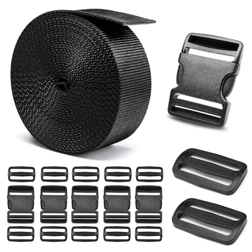 BEYOURD 2" Heavy-Duty Buckle & Straps Set: 6-Pack Side Release Plastic Buckles, 6 Yards of Thick Nylon Webbing, 12 Tri-Glide Slide Clips, No Sewing Required (2" Combo Set)
